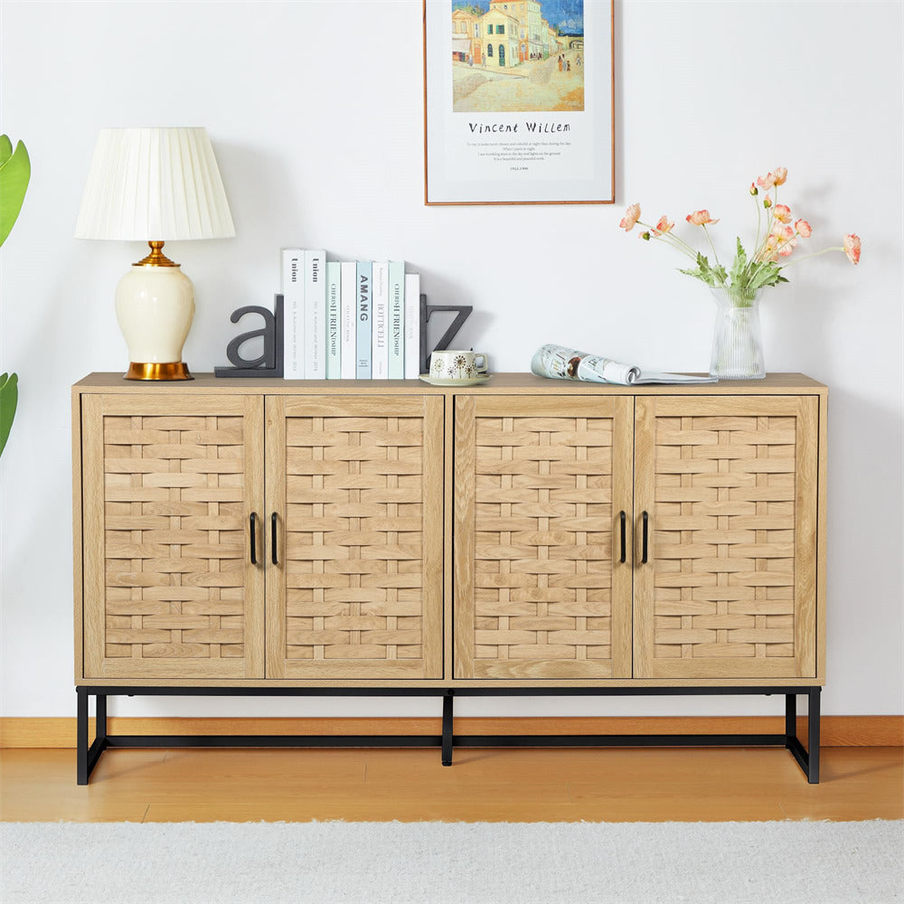 Modern Buffet Storage Cabinet Sideboard Natural with Wooden Strip Doors and Adjustable Shelves