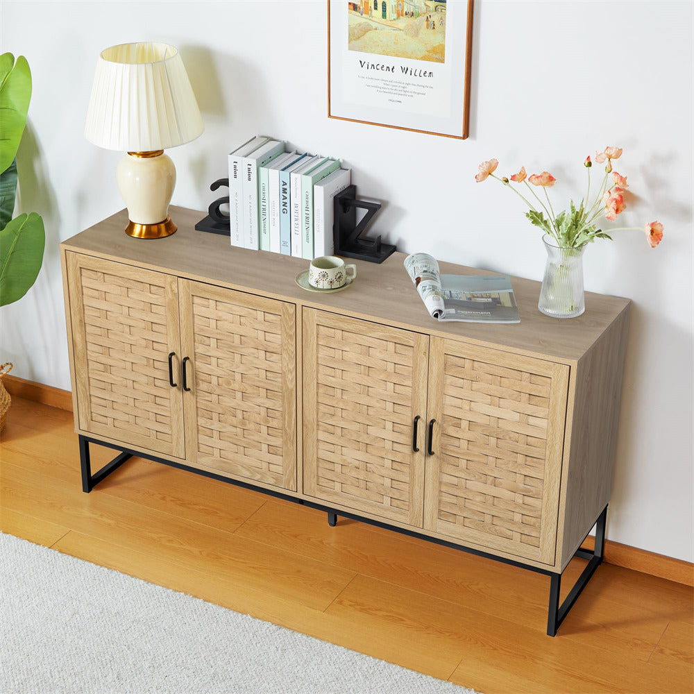 Modern Buffet Storage Cabinet Sideboard Natural with Wooden Strip Doors and Adjustable Shelves