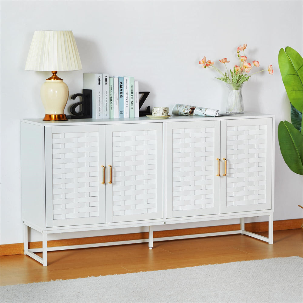 Modern Buffet Storage Cabinet Sideboard White with Wooden Strip Doors and Adjustable Shelves