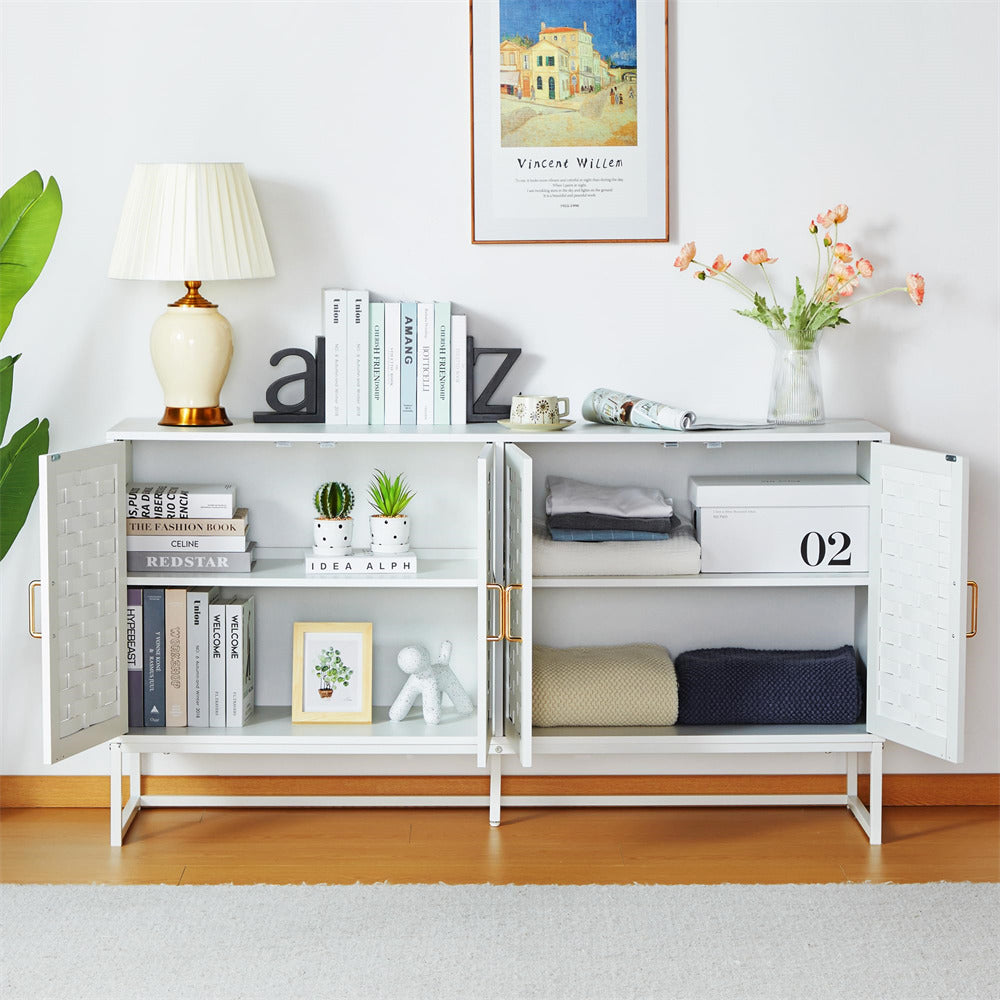 Modern Buffet Storage Cabinet Sideboard White with Wooden Strip Doors and Adjustable Shelves
