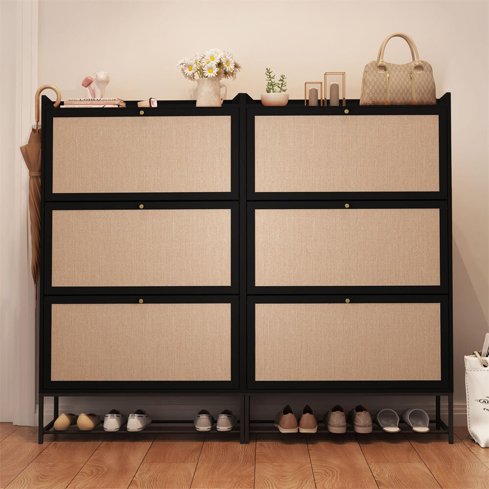 Modern Entryway Wooden Shoe Cabinet Freestanding Tipping Bucket Shoe Rack Black with 3 Flip Drawers
