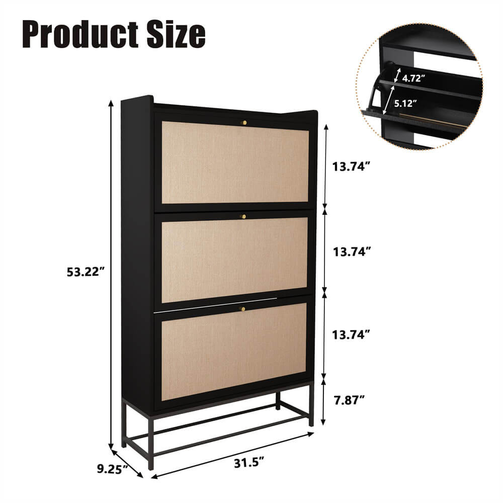 Modern Entryway Wooden Shoe Cabinet Freestanding Tipping Bucket Shoe Rack Black with 3 Flip Drawers Size