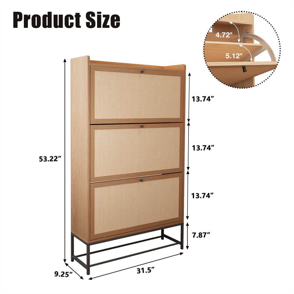 Modern Entryway Wooden Shoe Cabinet Freestanding Tipping Bucket Shoe Rack Natural with 3 Flip Drawers Size