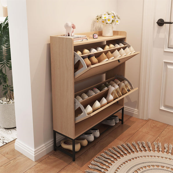 Modern 16-Pair Wood Shoe Cabinet Entryway Shoe Rack with 2 Flip Drawers