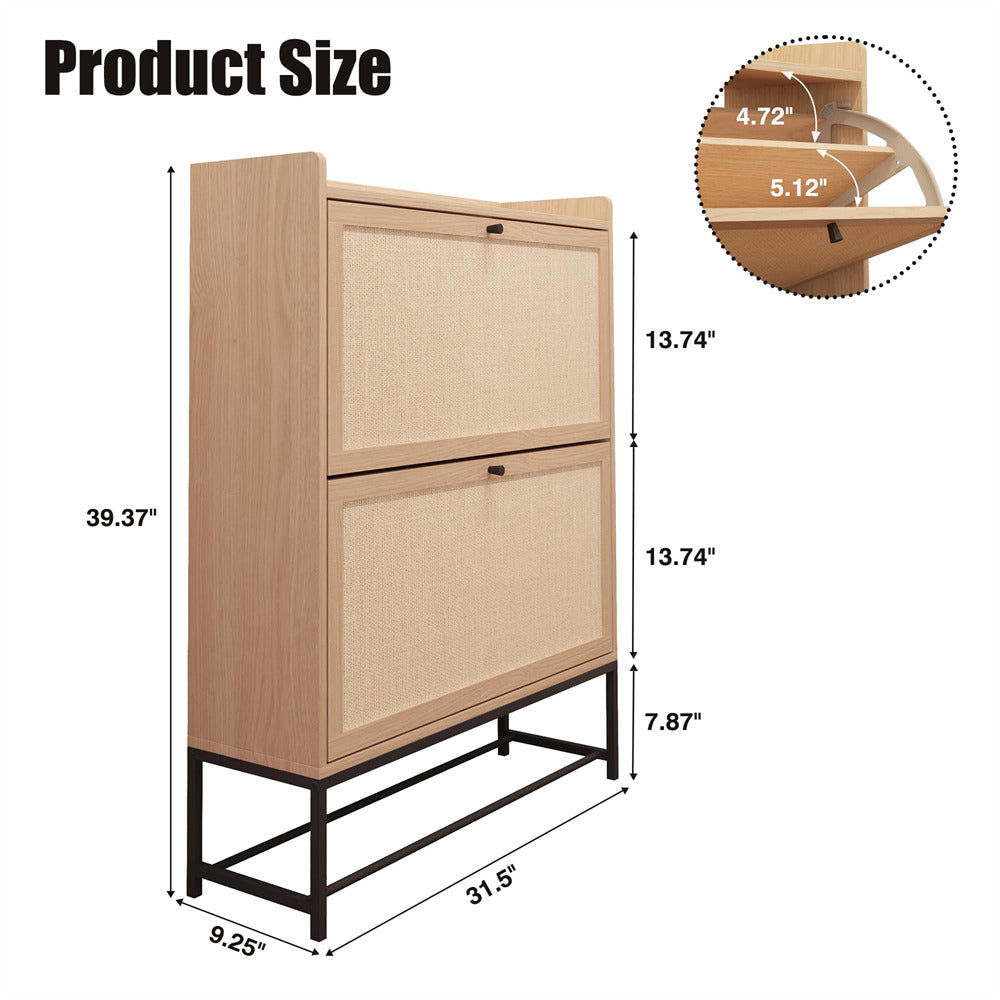 Modern Wooden Entryway Narrow Shoe Cabinet Freestanding Tipping Bucket Shoe Cabinet with 2 Flip Drawers Natural Color