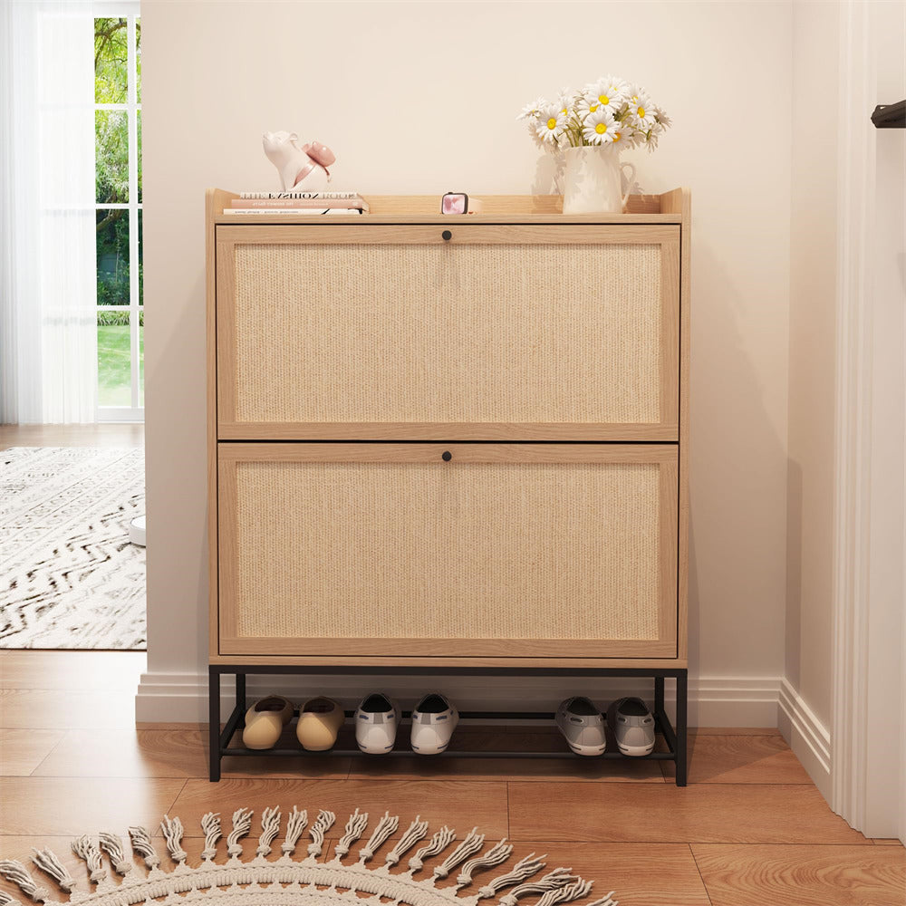 Modern Wooden Entryway Narrow Shoe Cabinet Freestanding Tipping Bucket Shoe Cabinet with 2 Flip Drawers Natural Color