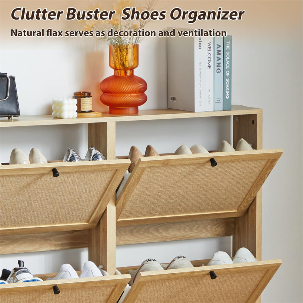 Modern Entryway Wooden Shoe Cabinet Natural Freestanding Tipping Bucket Shoe Rack with 4 Flip Drawers