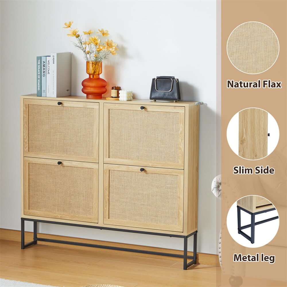 Modern Entryway Wooden Shoe Cabinet Natural Freestanding Tipping Bucket Shoe Rack with 4 Flip Drawers