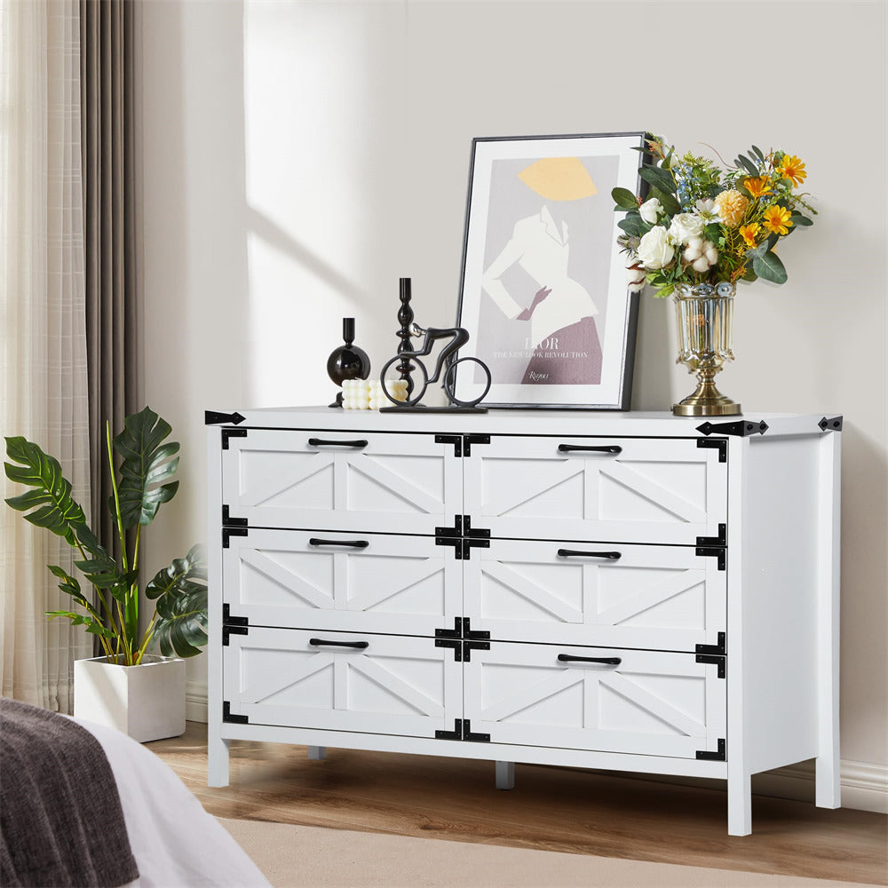 Modern Farmhouse 6 Drawers Dresser White Wide Wood Rustic Chest of Drawers