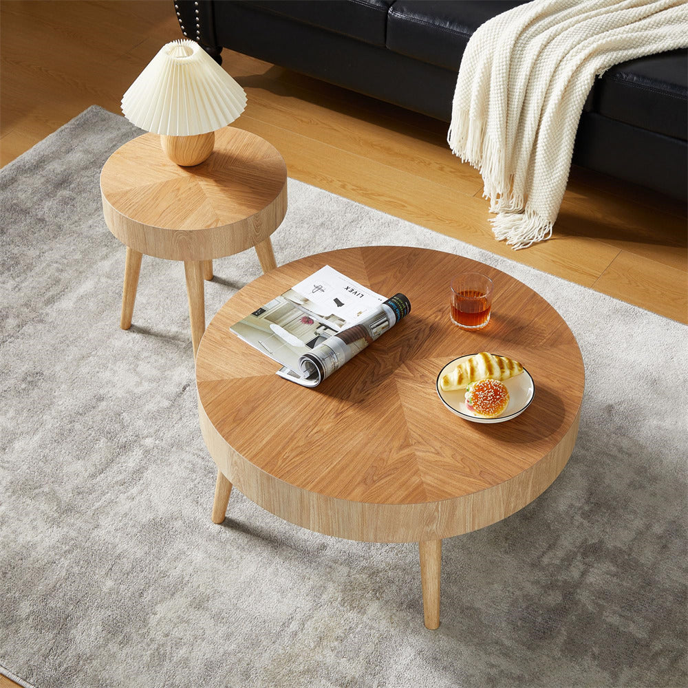 Modern Farmhouse Wooden Round Coffee Table End Table 2-piece Set