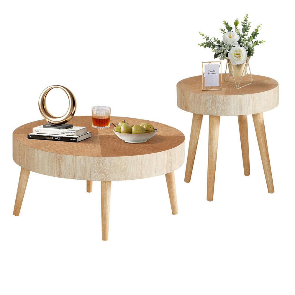 Modern Farmhouse Wooden Round Coffee Table End Table 2-piece Set