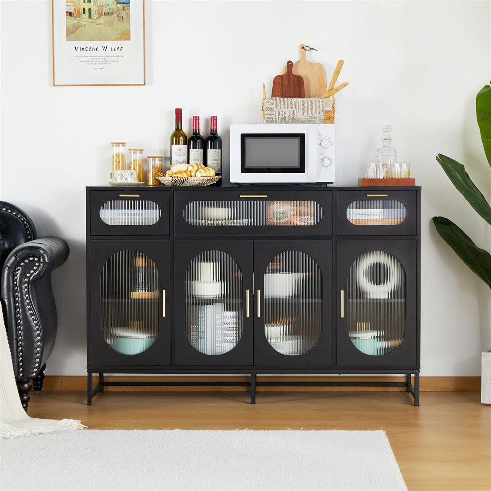 Modern Glass Kitchen Storage Cabinet Sideboard Black with 4 Doors & 3 Drawers