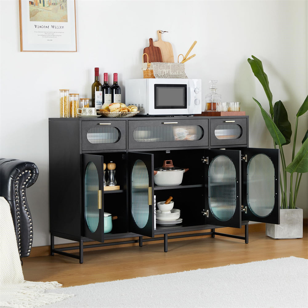 Modern Glass Kitchen Storage Cabinet Sideboard Black with 4 Doors & 3 Drawers