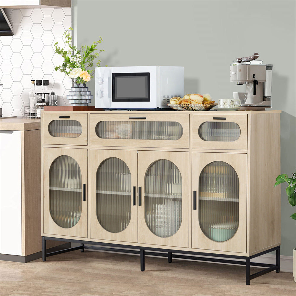 Modern Glass Kitchen Storage Cabinet Sideboard Natural with 4 Doors & 3 Drawers