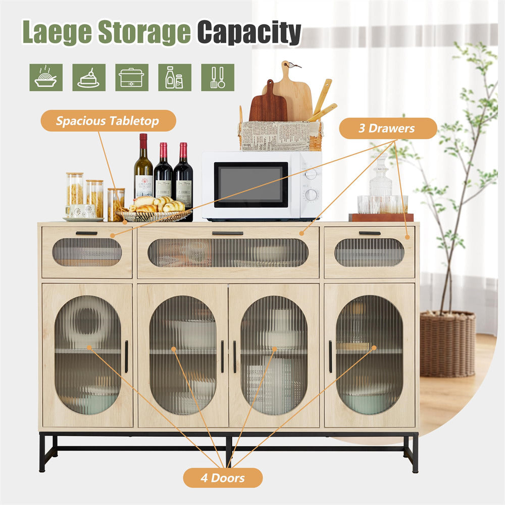 Modern Glass Kitchen Storage Sideboard with 4 Doors & 3 Drawer