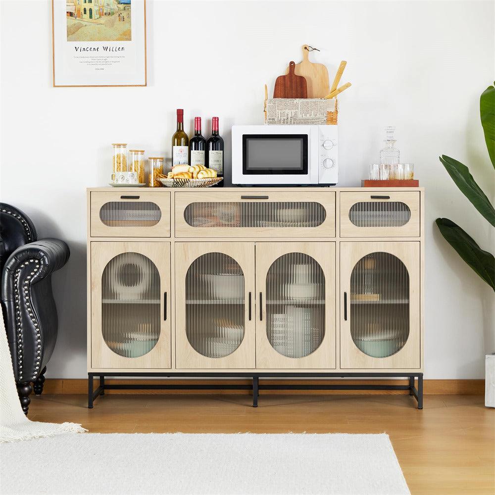 Modern Glass Kitchen Storage Cabinet Sideboard Natural with 4 Doors & 3 Drawers