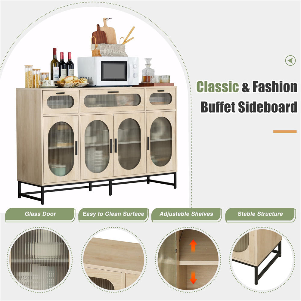 Modern Glass Kitchen Storage Sideboard with 4 Doors & 3 Drawer