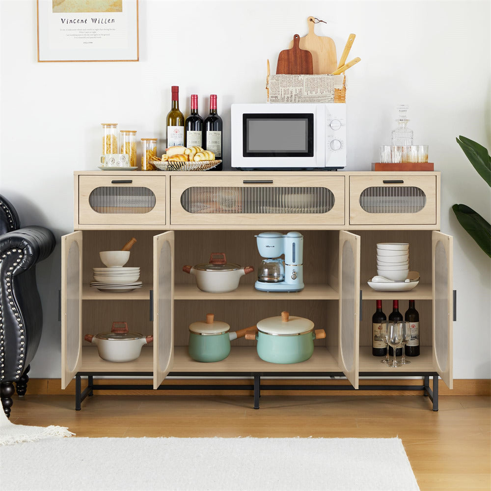 Modern Glass Kitchen Storage Sideboard with 4 Doors & 3 Drawer