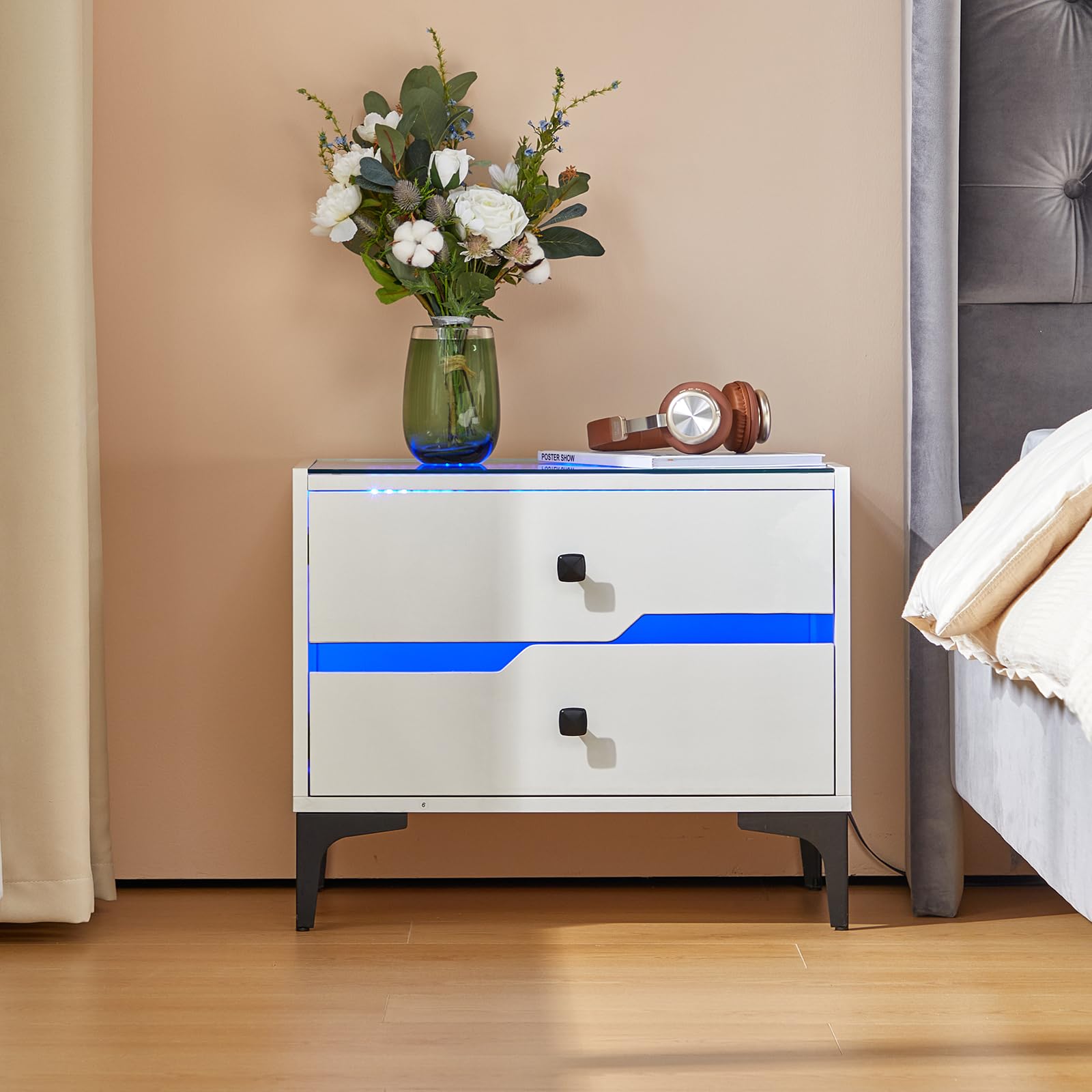 Modern Glass LED Nightstand with 2 Sliding Storage Drawers