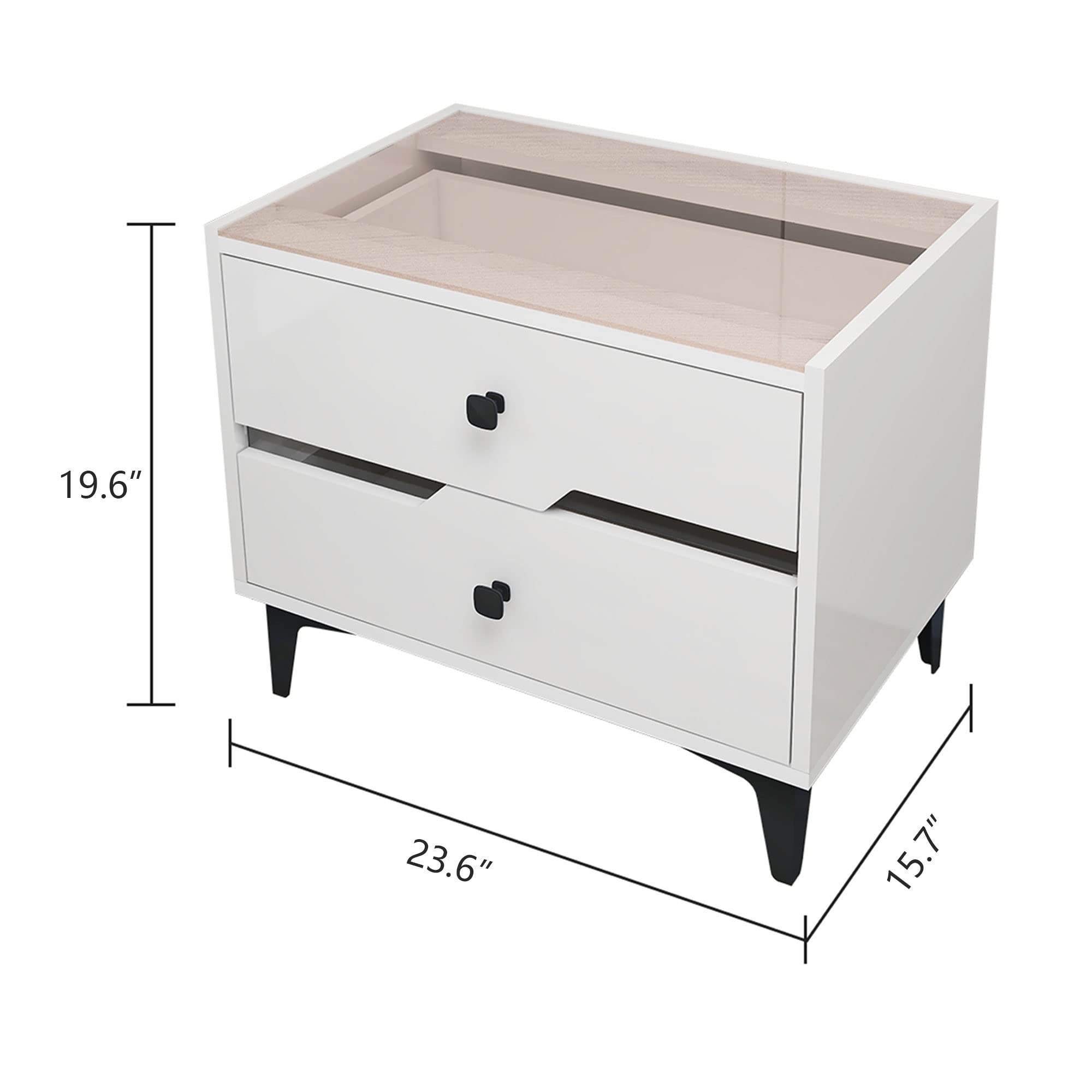 Modern Glass LED Nightstand with 2 Sliding Storage Drawers
