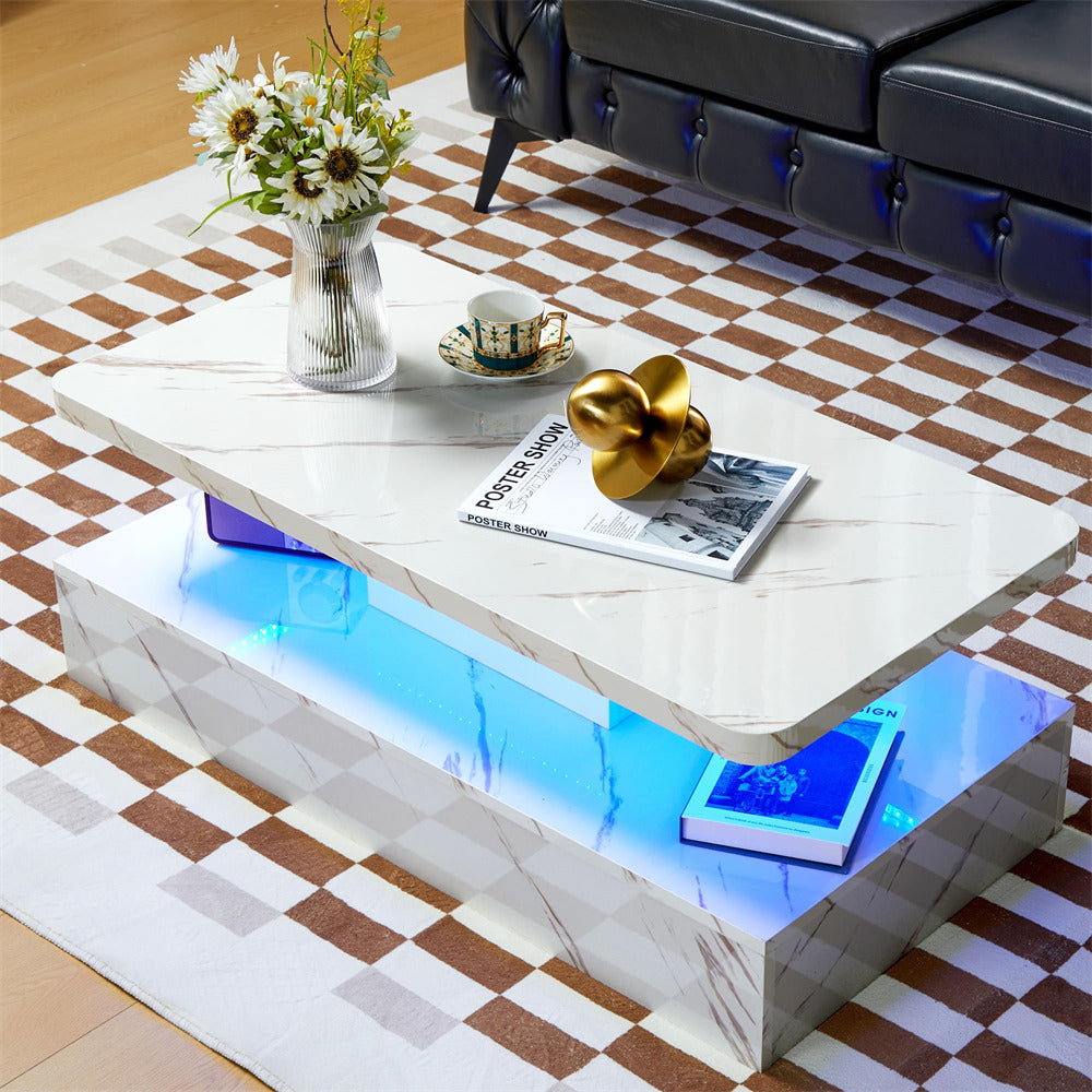 Modern High Gloss Coffee Table White with Smart 16 Colors LED Lights