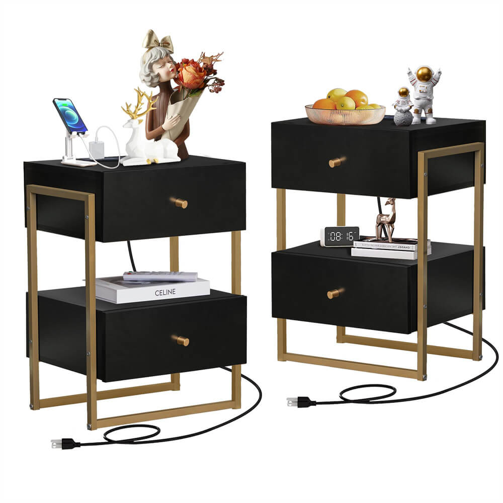 Modern Industrial Nightstand Set of 2 Side Table Black with USB Ports and Outlets