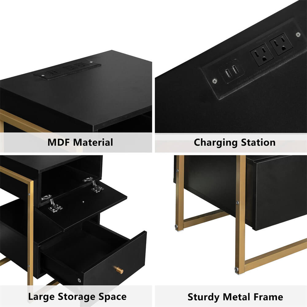 Modern Industrial Nightstand Set of 2 Side Table Black with USB Ports and Outlets