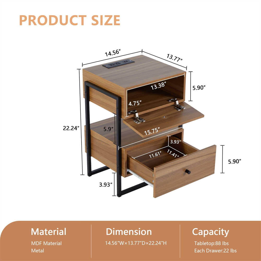 Modern Industrial Nightstand Set of 2 Side Table Walnut with USB Ports and Outlets Size