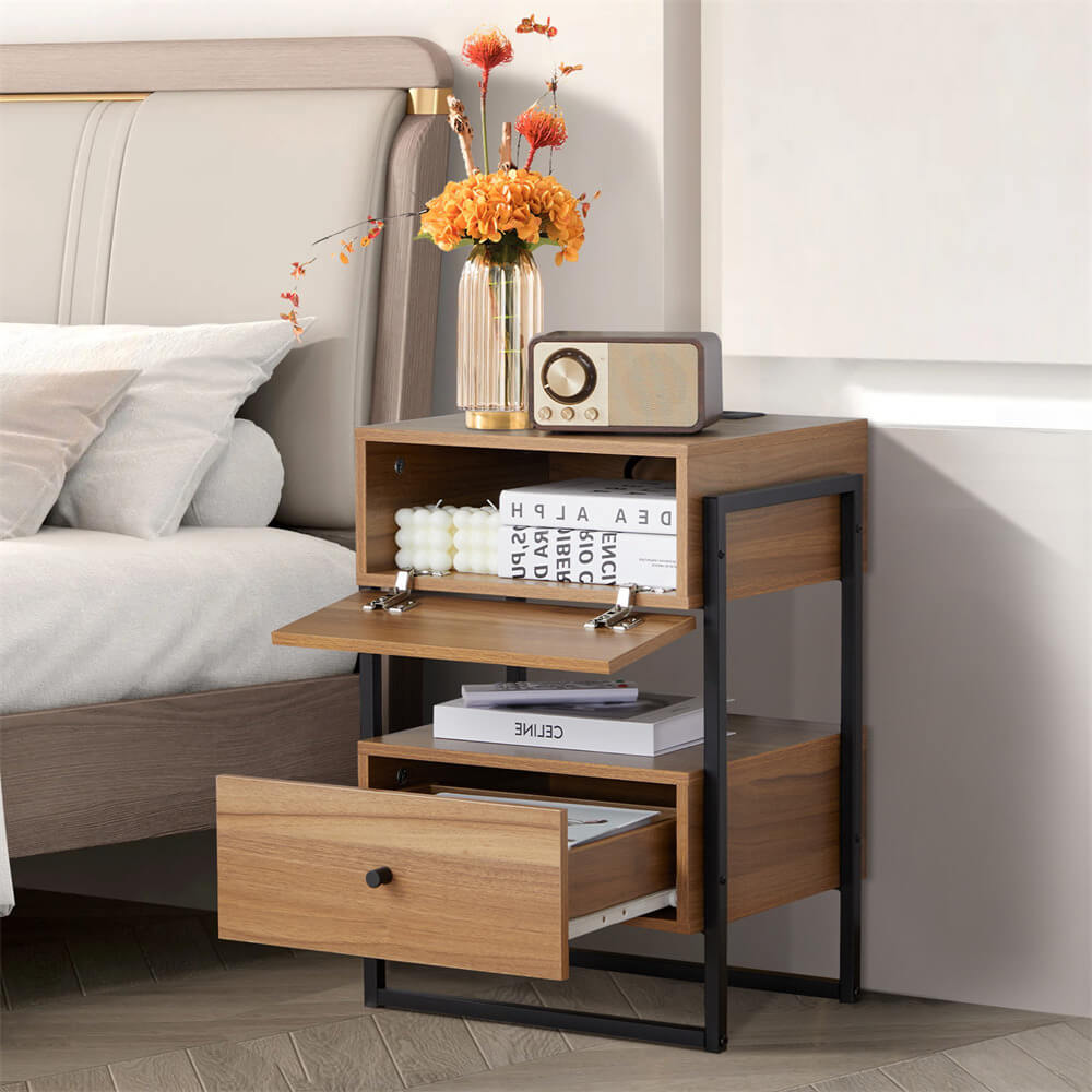 Modern Industrial Nightstand Set of 2 Side Table Walnut with USB Ports and Outlets