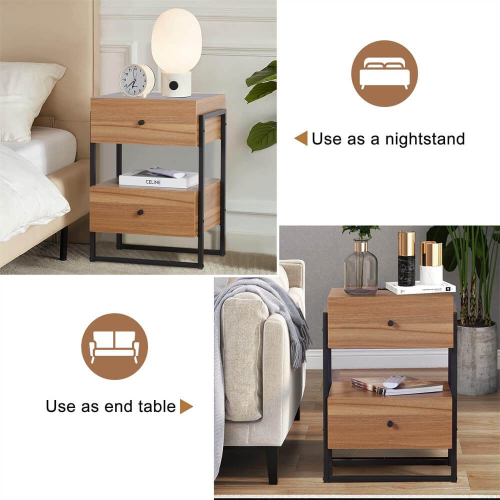 Modern Industrial Nightstand Set of 2 Side Table Walnut with USB Ports and Outlets