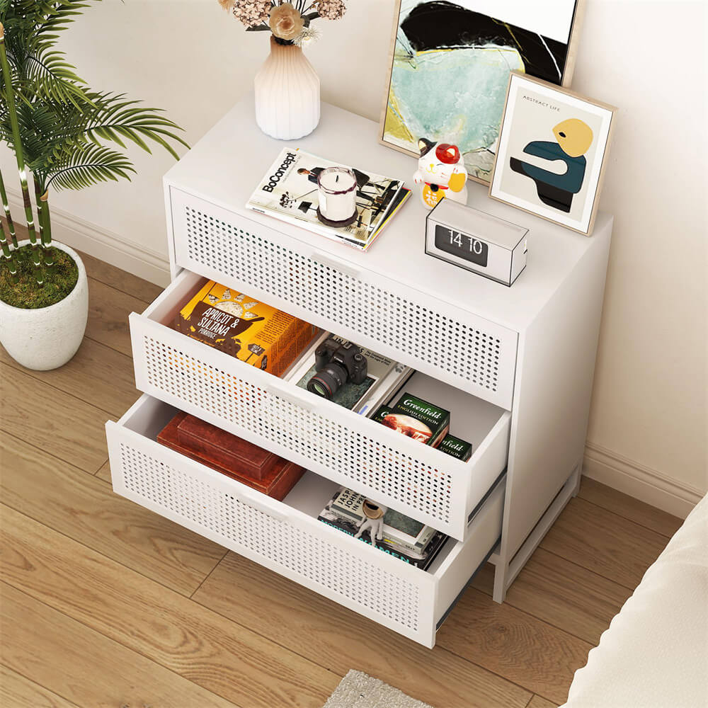 Modern Iron Rattan Dresser Chest of Drawers White Hallway Entryway Storage Cabinet