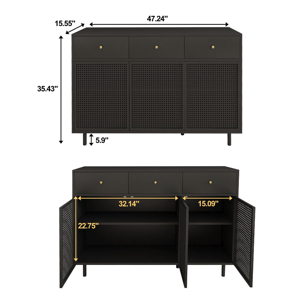 Modern Kitchen Storage Cabinet Sideboard Black with 3 Drawers and 3 Doors