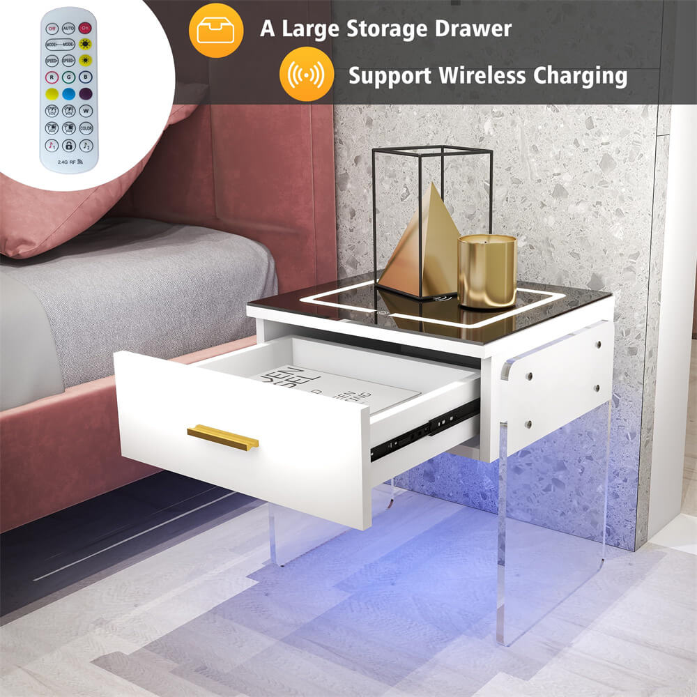 White Modern LED Nightstand with Wireless Charging Station USB and Type-C Port