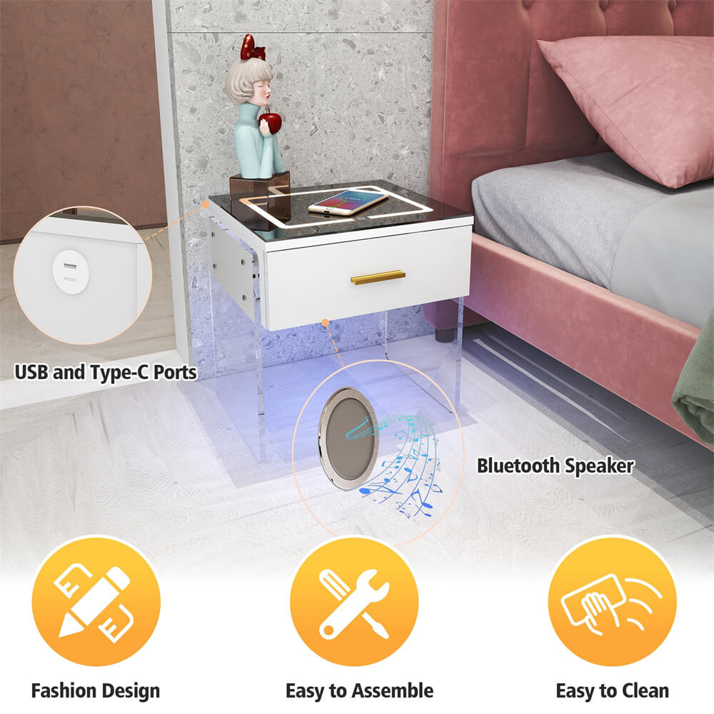 White Modern LED Nightstand with Wireless Charging Station USB and Type-C Port