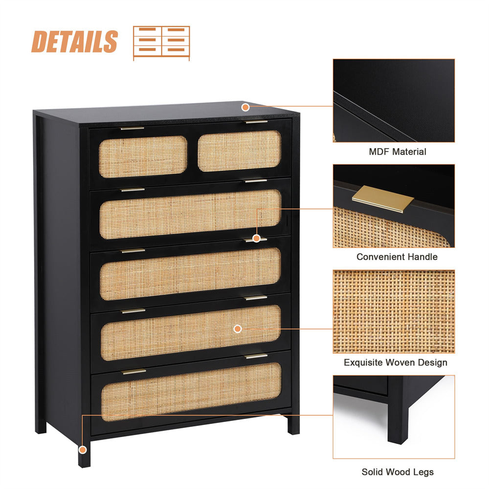 Modern Rattan 5 Drawers Dresser Table Black Chest of Drawers with Metal Handles