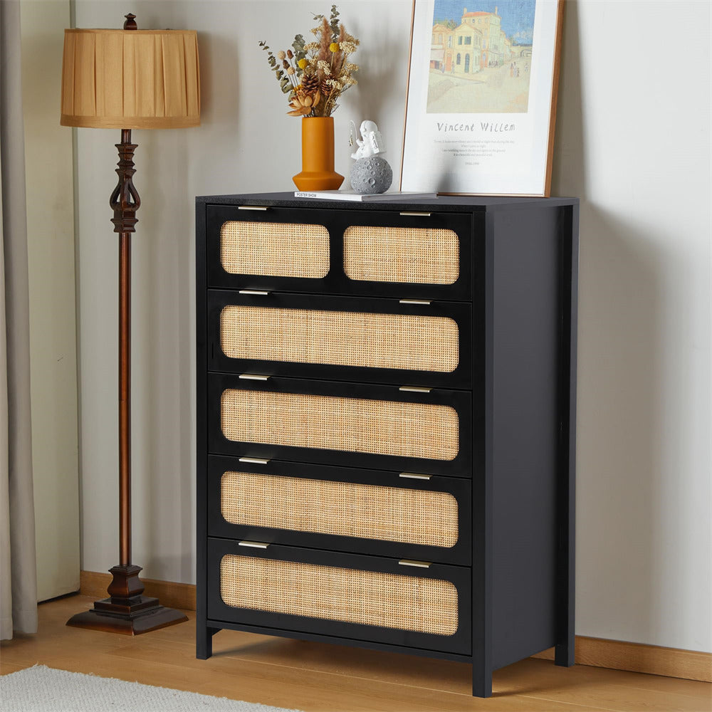 Modern Rattan 5 Drawers Dresser Table Black Chest of Drawers with Metal Handles