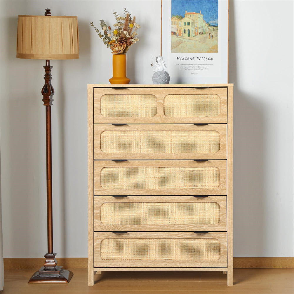 Modern Rattan 5 Drawers Dresser Table Natural Chest of Drawers with Metal Handles