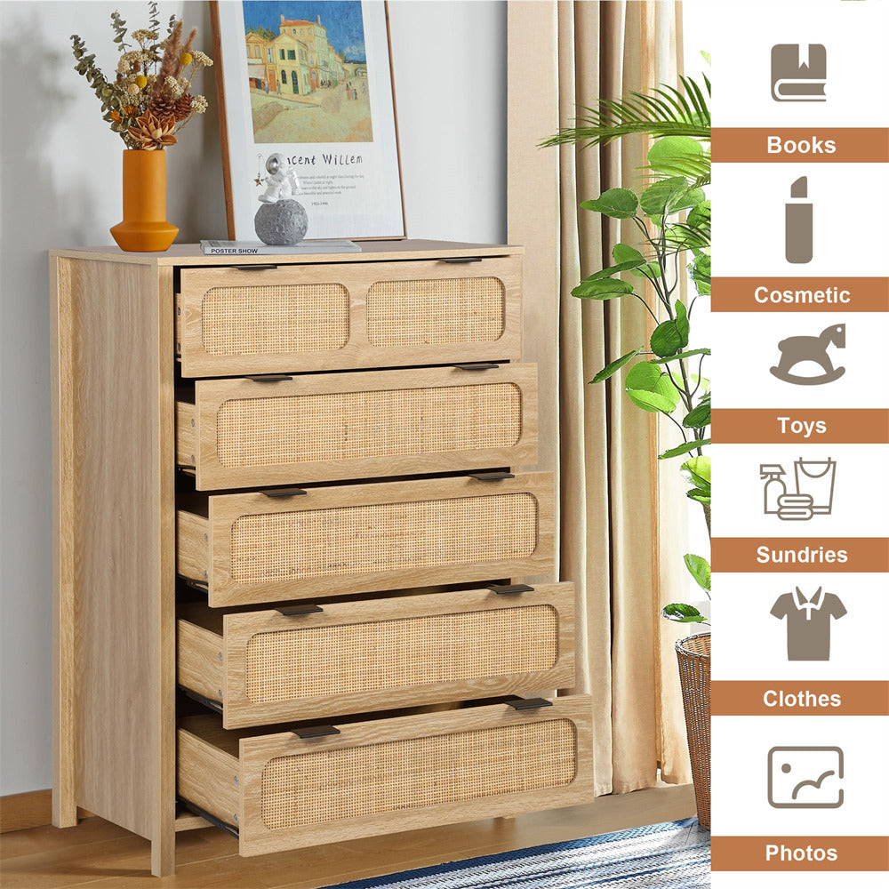 Modern Rattan 5 Drawers Dresser Table Natural Chest of Drawers with Metal Handles