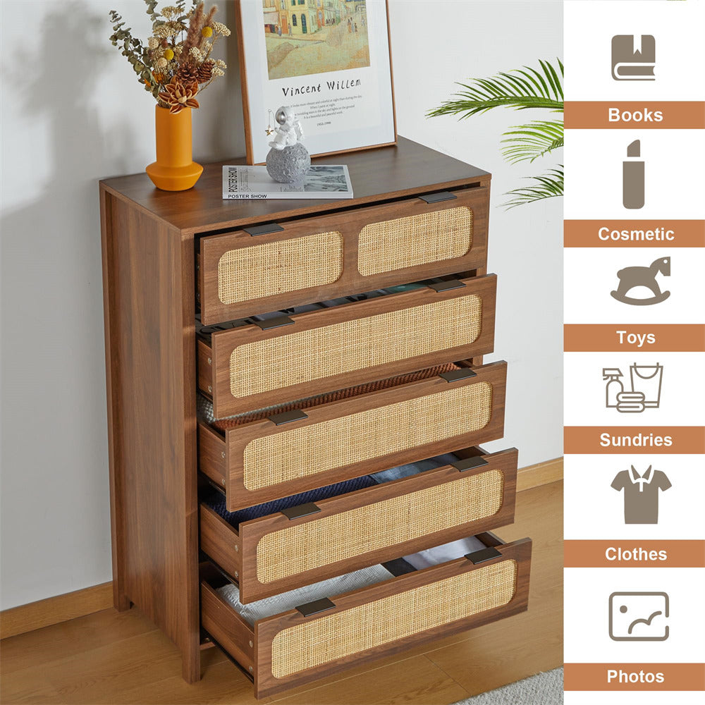 Modern Rattan 5 Drawers Dresser Table Walnut Chest of Drawers with Metal Handles