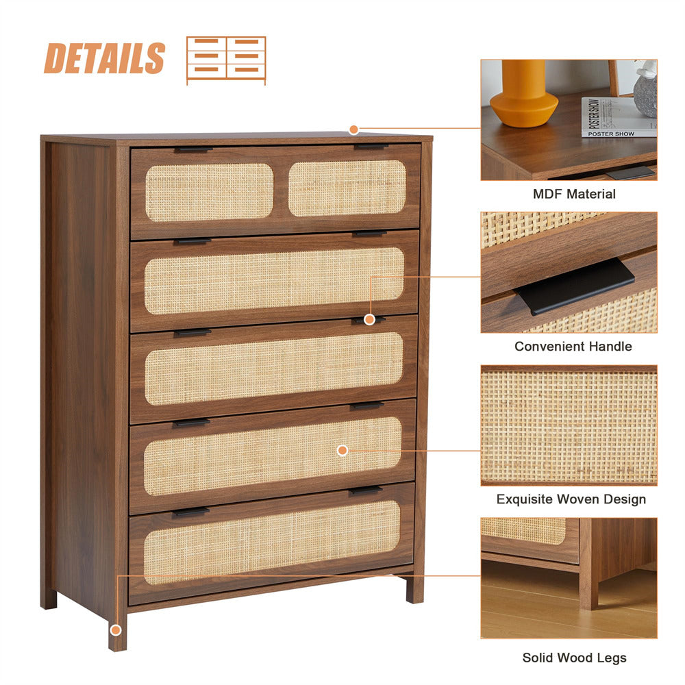 Modern Rattan 5 Drawers Dresser Table Walnut Chest of Drawers with Metal Handles