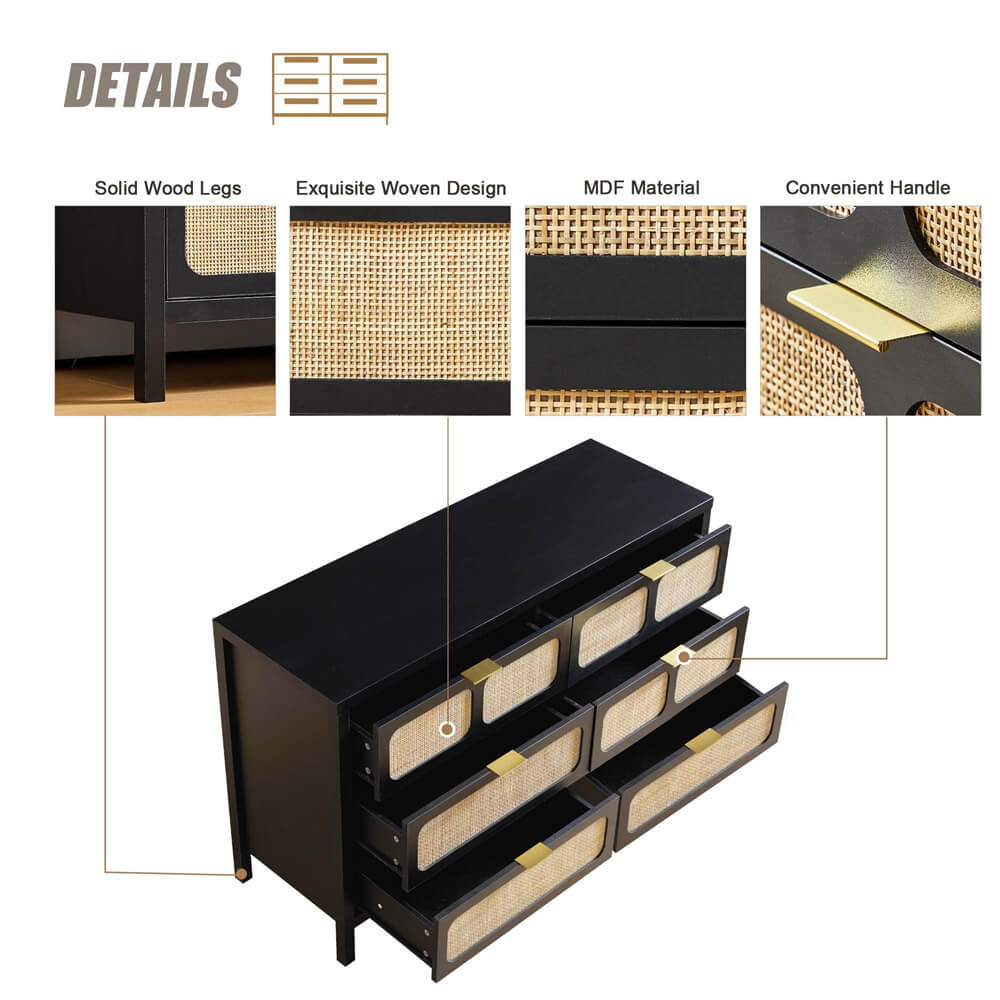 Black Modern Rattan 6 Drawers Dresser