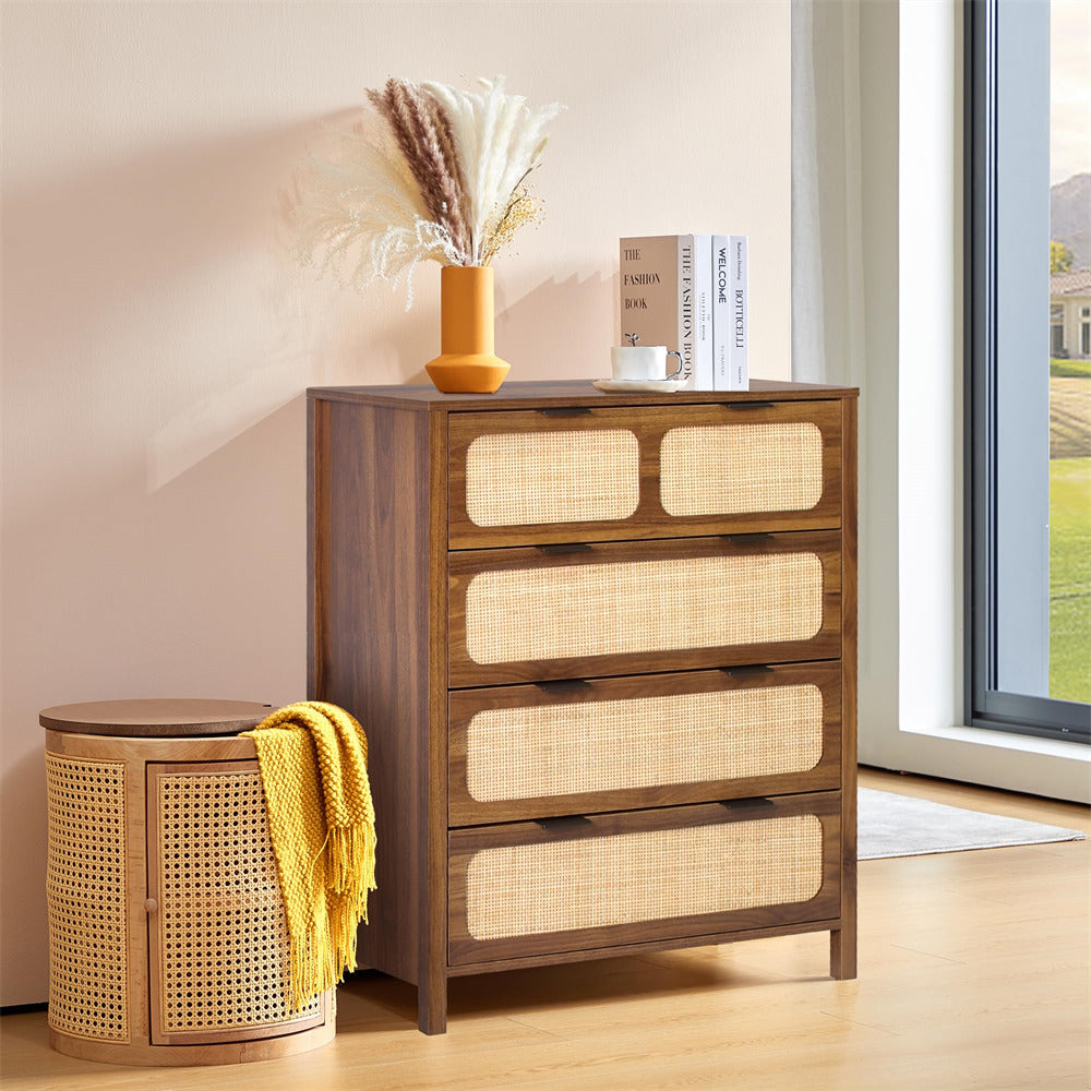 Modern Rattan Chest of Drawers Dresser Table with Metal Handles and 4 Drawers walnut color