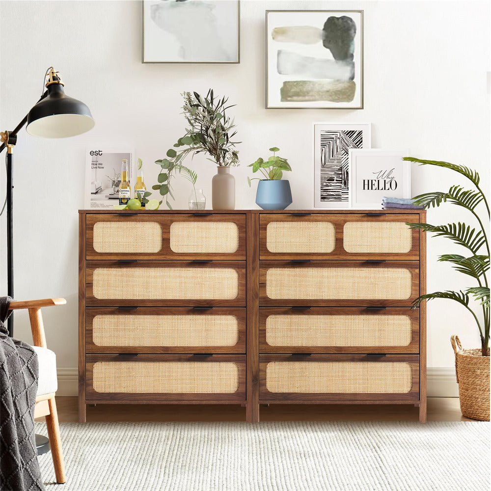 Modern Rattan Chest of Drawers Dresser Table with Metal Handles and 4 Drawers walnut color