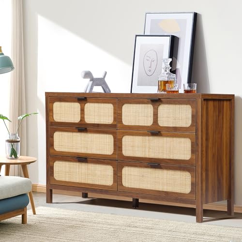 Modern Rattan Dresser Table Walnut with Metal Handles and 6 Drawers
