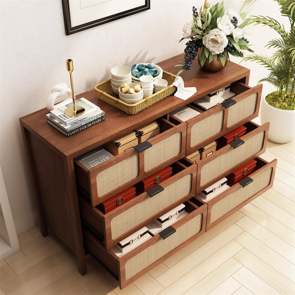 Modern Rattan Dresser Table Walnut with Metal Handles and 6 Drawers