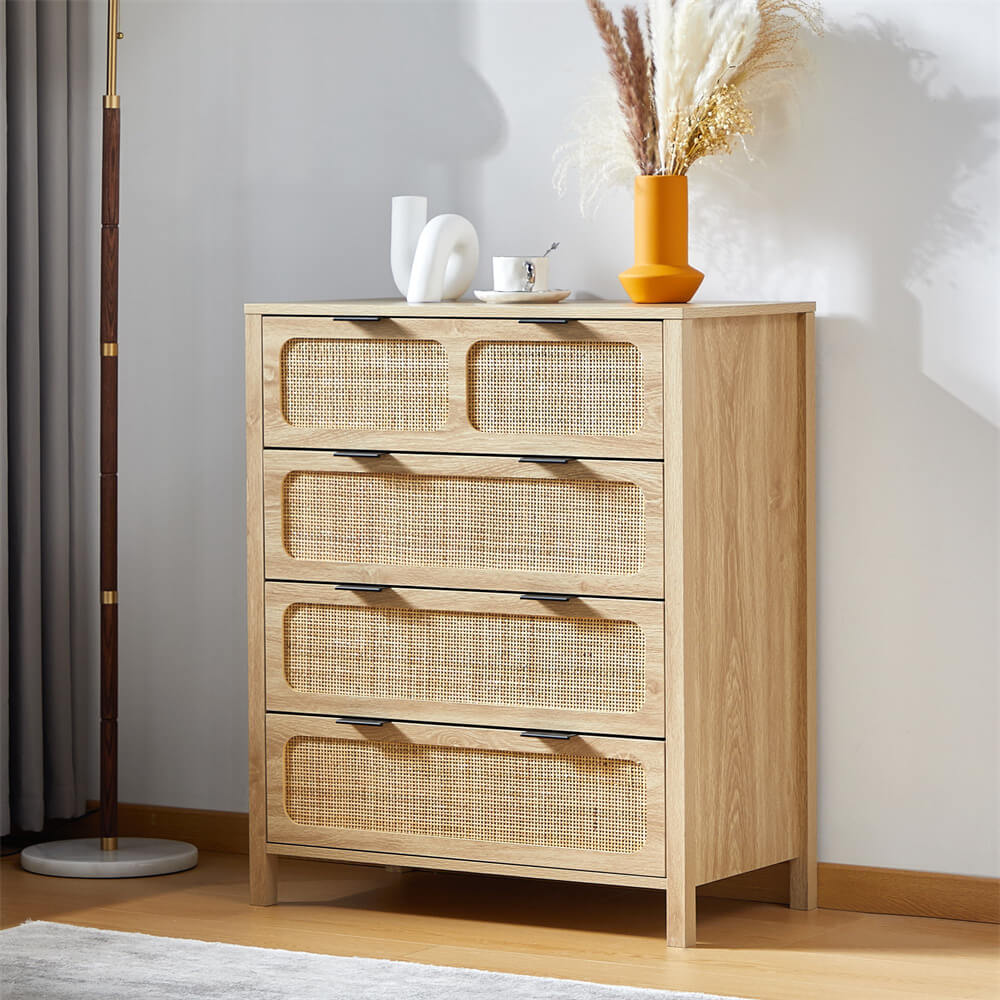 Modern Rattan Dresser Table with Metal Handles and 4 Drawers