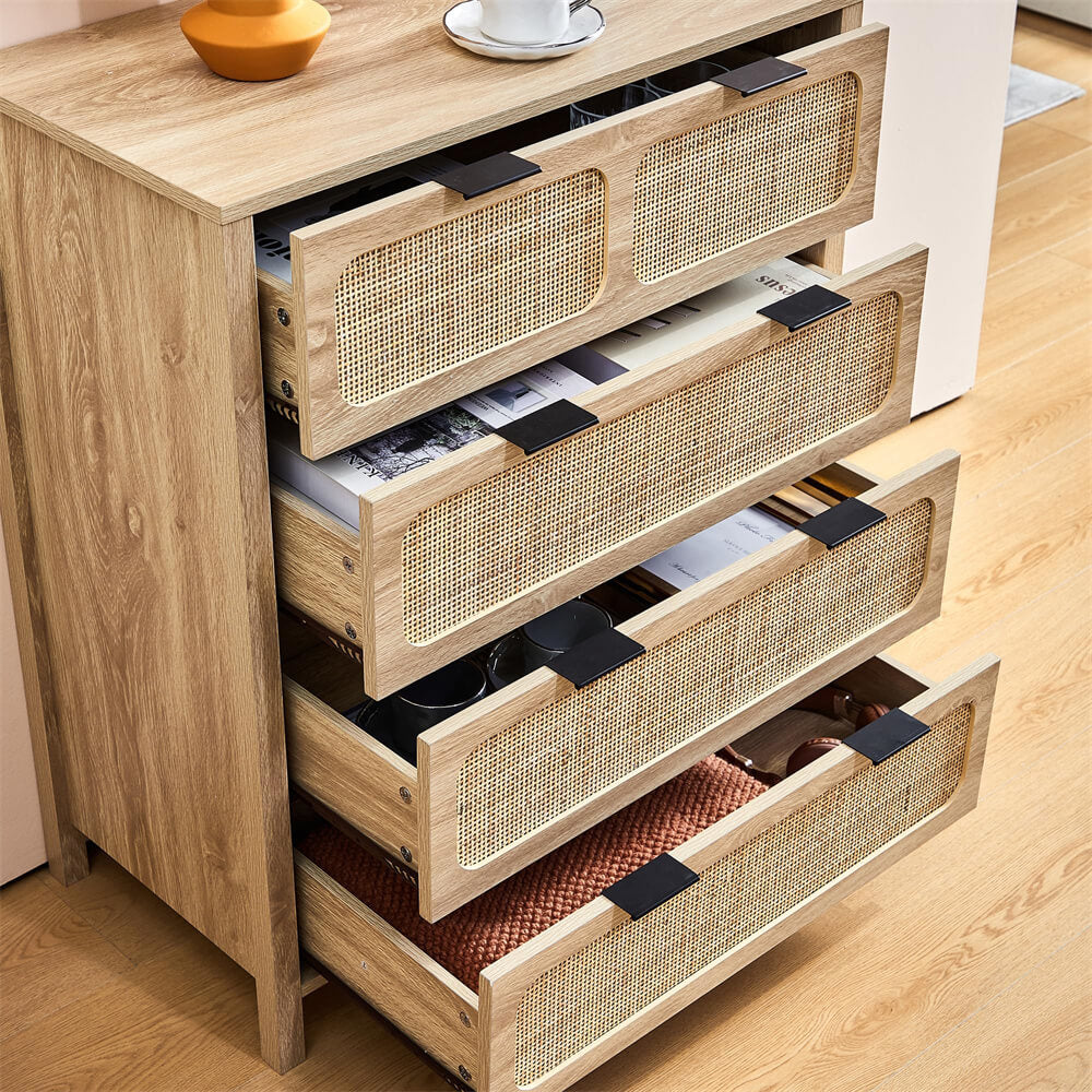 Modern Rattan Dresser Table with Metal Handles and 4 Drawers