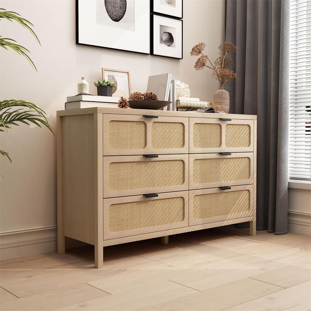 Modern Rattan Dresser Table with Metal Handles and 6 Drawers – GiraTree