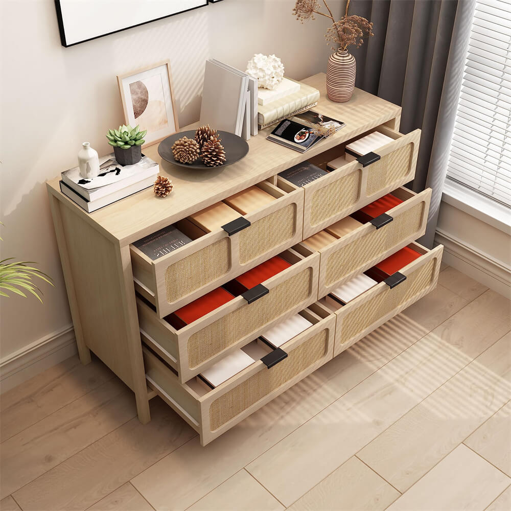 Modern Rattan Dresser Table with Metal Handles and 6 Drawers – GiraTree Modern Rattan Dresser Table with Metal Handles and 6 Drawers – GiraTree