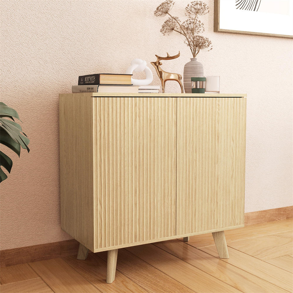 Modern Sideboard Accent Storage Cabinet with 2 Fluted Doors and Adjustable Shelves Natural
